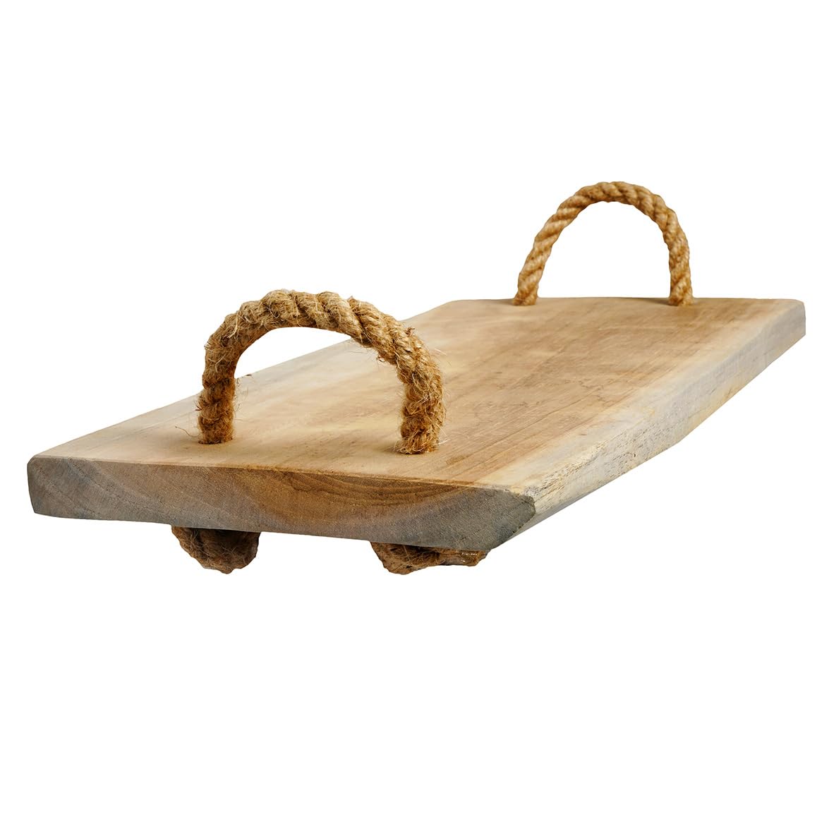 Meubletmoi Plateau à apéro de Service/​décoratif L. 37 cm en Bois de Teck Brut Blanchi et poignées en Corde – Naturel et Authentique – Haley