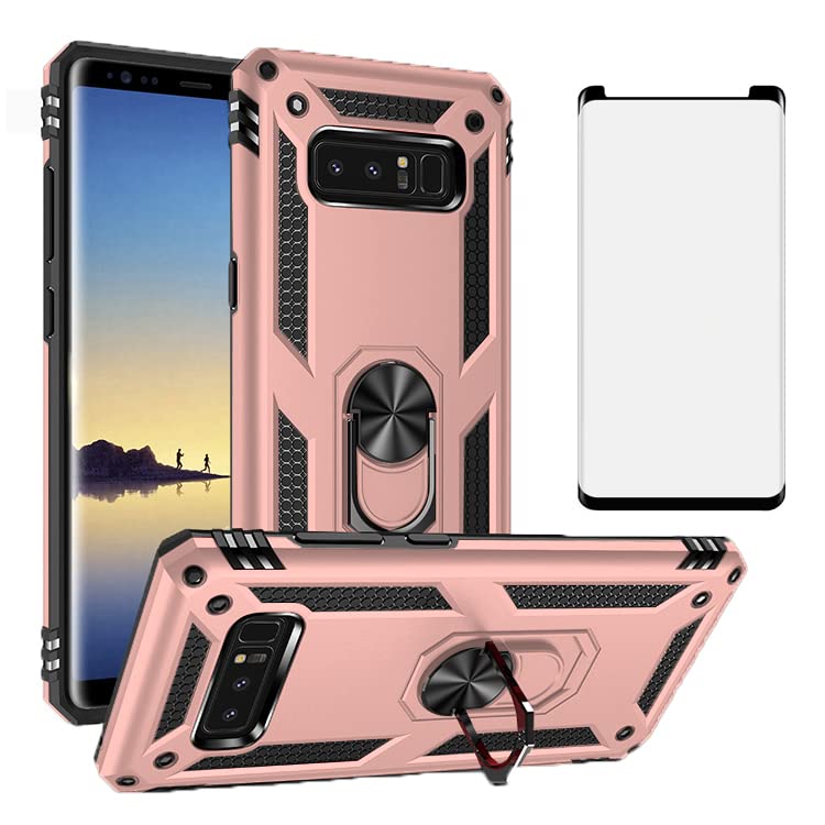 Phone Case for Samsung Galaxy Note 8 with Tempered Glass Screen Protector Cover Magnetic Stand Ring Holder Accessories Heavy Duty Rugged Protective Shockproof Glaxay Note8 Galaxies Gaxaly Rose Gold