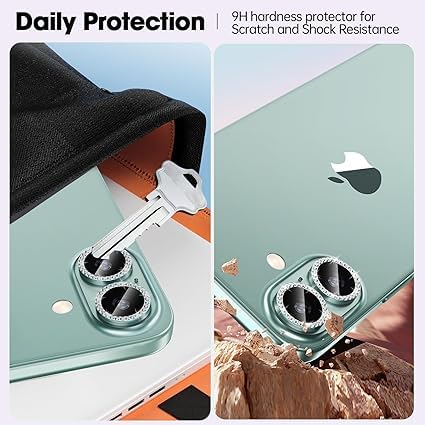 Image of CLITZ for iPhone 16 /16 Plus Camera Lens Protector Bling Individual Metal Diamond Ring 9H Hardness Scratchproof Protector, Stylish Phone Accessories, Case Friendly (Green Diamond)