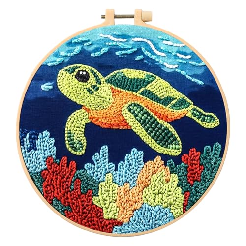 Image of SmoothNovelty Turtles DIY Punch Needle Kits for Beginners with Hoop Embroidery Fabric Instructions Thread Punch Needle Craft Set Easy for Starter Adults and Children Gift Decoration, 20x20cm-4