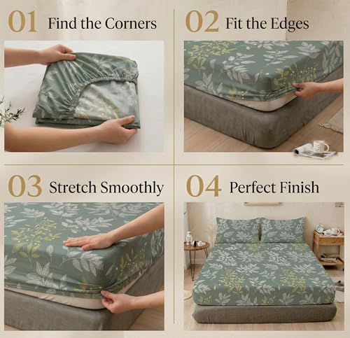 Image of VAS COLLECTIONS Cloud Cotton Corner Elastic Fitted Double Bedsheet Set (78 x 72 + 8 Inches) with 2 Pillow Covers | 160-180 TC Soft Breathable Cotton Fitted Sheet | Bed Sheet (Botanical Sage)