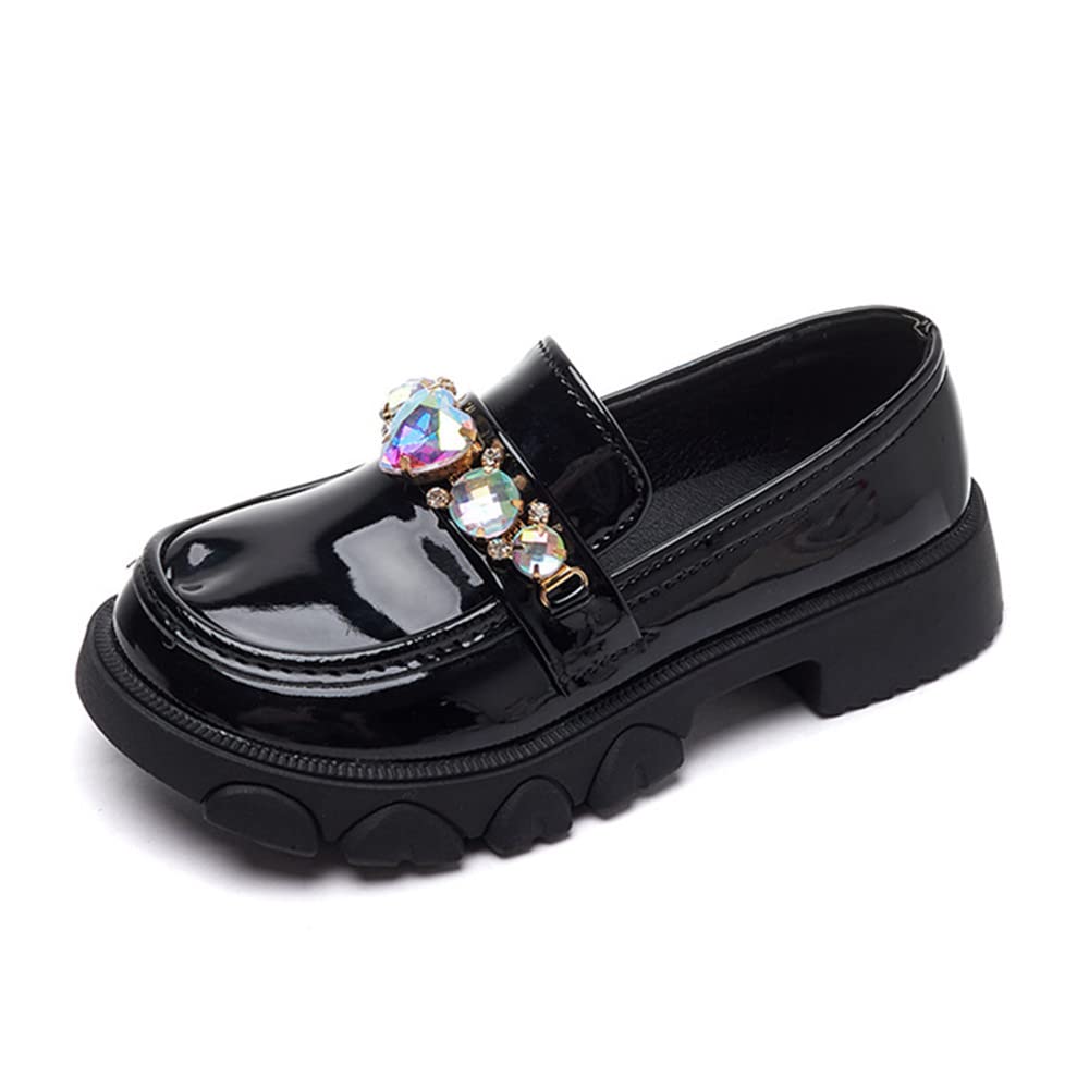 Little Girls Patent Leather Slip-On Penny Loafer Rhinestones Flats Black White School Uniform Dress Shoes for Girls