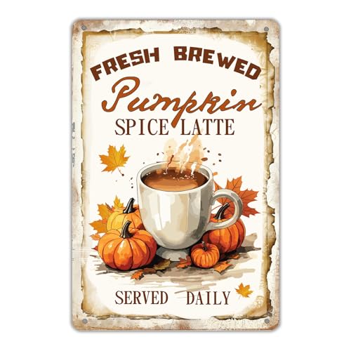 Fall Metal Sign Wall Plaque Fresh Brewed Pumpkin Spice Latte Served Daily Fall Wall Decoration for Farmhouse Home Kitchen Coffee Shop Cafe Pub Coffee Station Wall Decor 8x12 inch