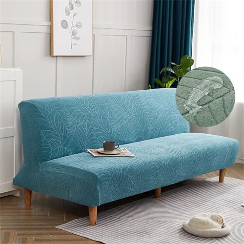 Surwin Armless Sofa Bed Cover Jacquard Non Slip Waterproof Stretch Futon Slipcover Protector for 2 Seater/3 Seater Folding Sofa Bed without Armrests (160-190cm,Blue)