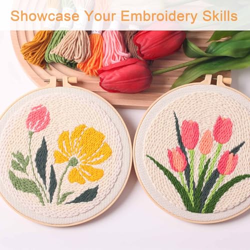 Image of REEWISLY Punch Needle Embroidery Starter Kits for Beginners Flower and Grass Patterns.3Ps Embroidery Hoops,Color Threads,Instructions and Needles,DIY Adults Embroidery, Video Teaching