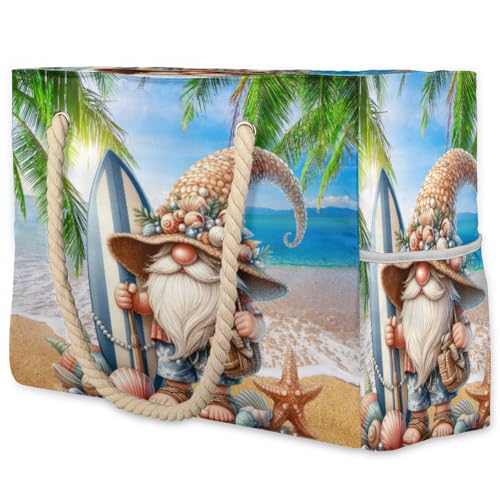 Cemfyzoch Summer Gnome Large Beach Bag with Zipper Waterproof Sandproof Beach Bags for Women Water Resistant Swim Pool Bag Shoulder Backpack Essentials Travel Tote Bags for Gym Vacation Cruise