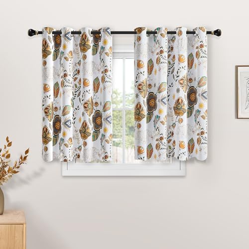 Image of XiDi Kitchen Curtains 45 Inch Length White Boho Blackout Short Curtains | for Cafe Kitchen Grommet Luxury Whimsical Vintage Floral Paisley Patterned 45 Inches Long for Living Room Bedroom 52x45