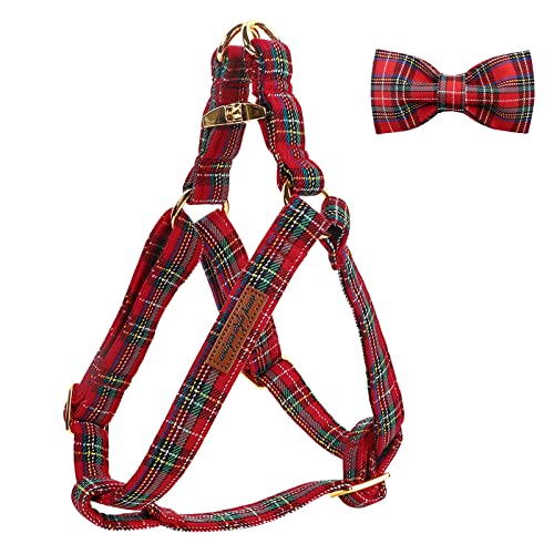 Unique style paws Red Plaid Dog Harness Adjustable Harnesses Durable Hardware with Bowtie for Small Medium Large Dog-Christmas Style-L