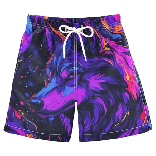 Boys Beach Board Shorts Wolf Galaxy Purple Swim Trunk Teen Swimwear