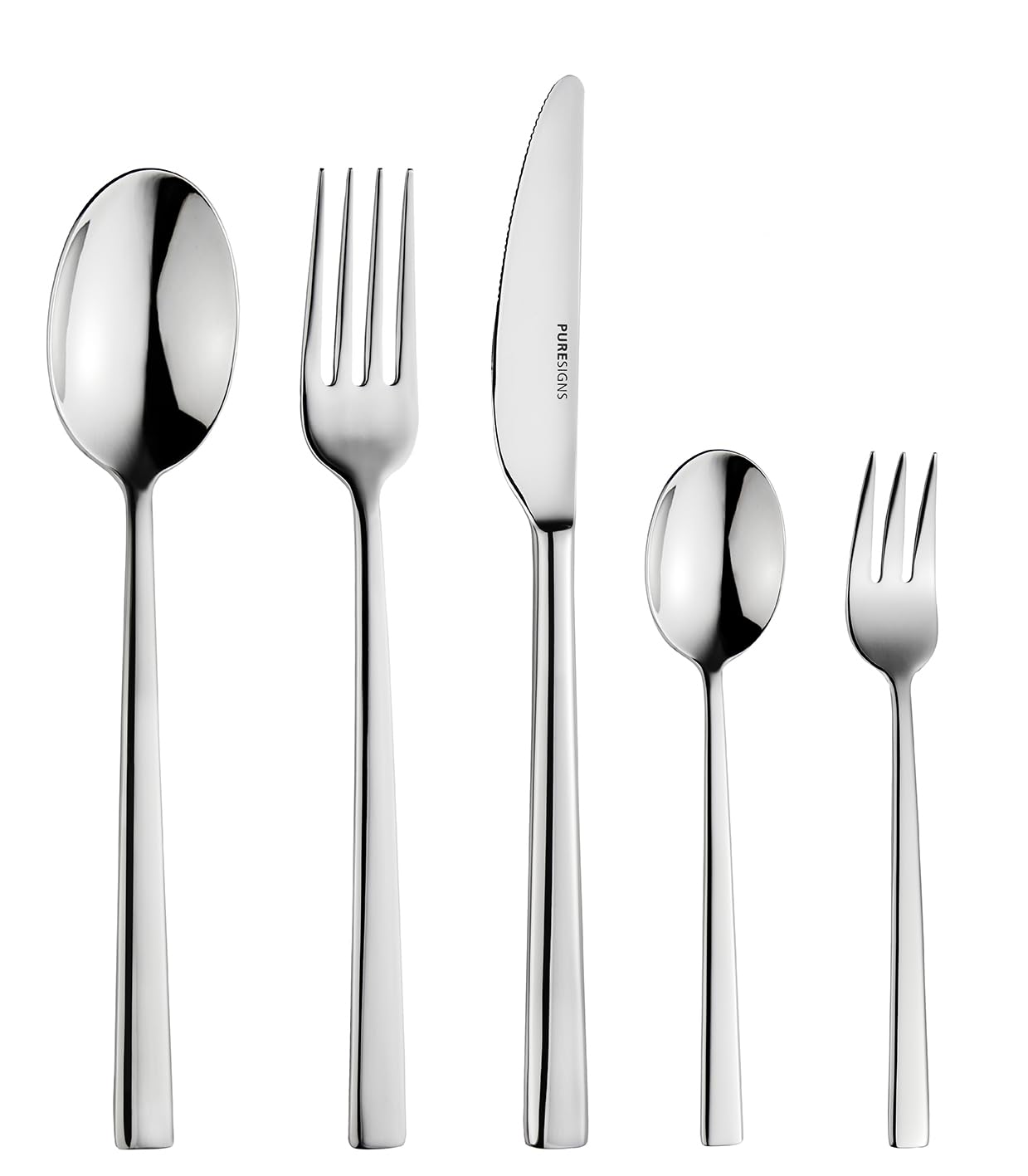Puresigns Set di posate da 30 pezzi CENTUM per 6 persone in acciaio inox lucido 18/10, set di posate da cucina, 6 cucchiai, forchette da menu, coltelli, cucchiaini da caffè e forchette da torta