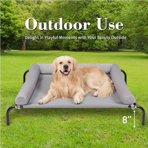 Cooling Elevated Dog Bed with Pillows,Portable Washable Raised Dog Cot with Chew Proof Mesh and Metal Frame,No-Slip Rubber Feet for Indoor & Outdoor Use,Large,Gray - Image 5