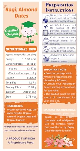 Image of TummyFriendly Foods Certified Organic Sprouted Ragi, Almonds, Oats, Sweet Potato Porridge Mix | Made of Sprouted Ragi Powder, Almond Cereal Organic. Sprouted for Calcium, Iron | Maximum Nutrition From Real Food | Available in Trial Packs too | Shelf-life 9 month | 200g (RagiAlmond)
