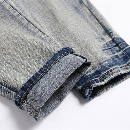 Men's Denim Jeans, Vintage Blue Denim, Ripped Embroidered Stretch Denim, Slim Fit Stylish Jeans,303