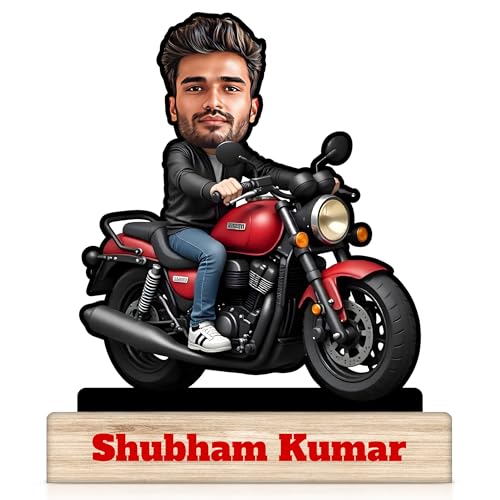 Image of Regalo Casila Personalized Motorcycle Rider Caricature With 6 Inches Wooden Stand - Character Photo Frame for Friends, Boys, Father, Boyfriend - Customized Gift