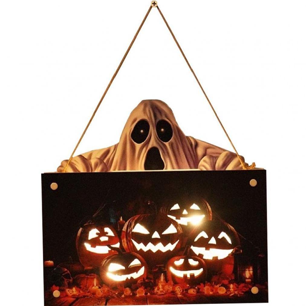 Signe de porte Halloween lumineux en bois pour déco de porche extérieure et mur de maison