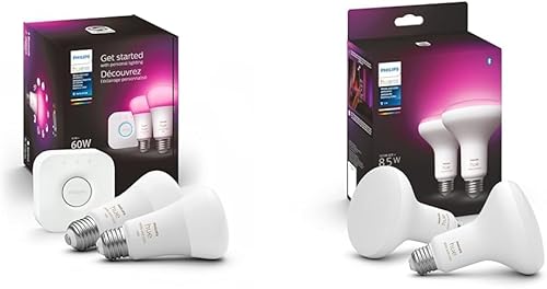 Philips Hue Kit de iniciación de luz inteligente de ambiente blanco y color, incluye (2) bombillas inteligentes A19 de 60 W con puente Hue y