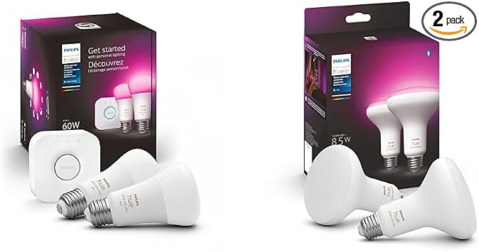 Philips Hue White and Color Ambiance Smart Light Starter Kit, Includes 2 60W A19 Smart Bulbs with Hue Bridge & White & Color Ambiance BR30 LED Smart Bulbs, 16 Million Colors Hue Hub Required 2