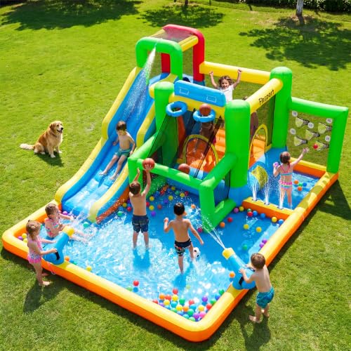 FBSPORT Inflatable Bounce House Water Slide, Bounce House for Kids Indoor Outdoor Bouncy House with 550W Blower, Bounce Castle with Slide Ball Shooting, Water Gun, Splash Pool, Bounce Area, Hose - image 1