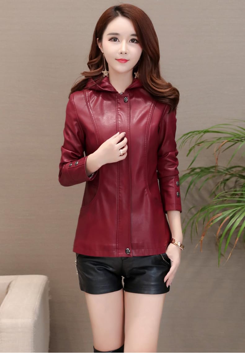 Giacca Da Motociclista Con Cappuccio In Vera Pelle Per Donna, Nera, Maniche Lunghe, Cerniera, Tasche Laterali, Cappotti In Pu, Primavera Autunno, Casual, Vestibilità Slim, Capispalla Di Tr