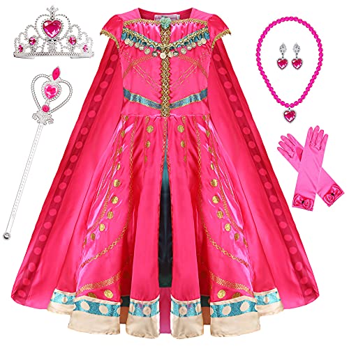Mecamelon Girls Rose Arabian Princess Fancy Costume Halloween Dress Up with Accessories (Rose, 5T)