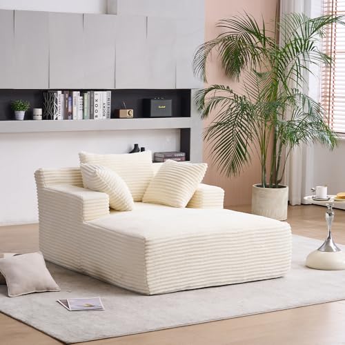 Image of Oversized Chaise Longue Chair Indoor, Upholstered Corduroy Deep Seat Sofa Bed with Throw Pillows and Armrests, Sleeper Sofa Couch for Living Room, Bedroom Apartment HD276