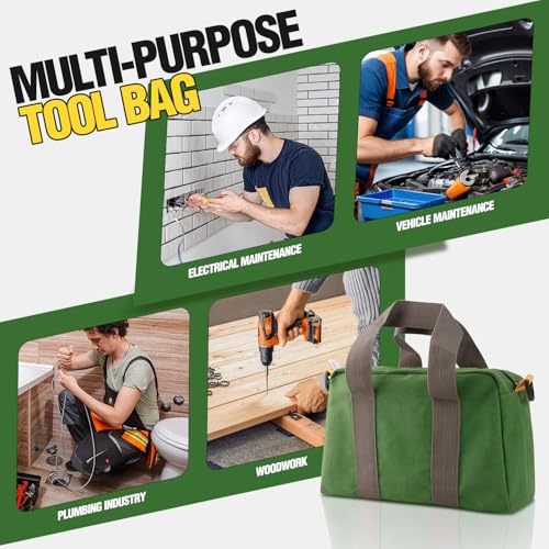 Image of 12 Inch Wide Mouth Tool Bag, Power Tool Bag, Heavy Duty Canvas Tool Storage Bag, Large Capacity Multipurpose Zipper Soft Tote Organizer Pouch, for Electrician, Plumbing, Gardening, Tools Bags for Men