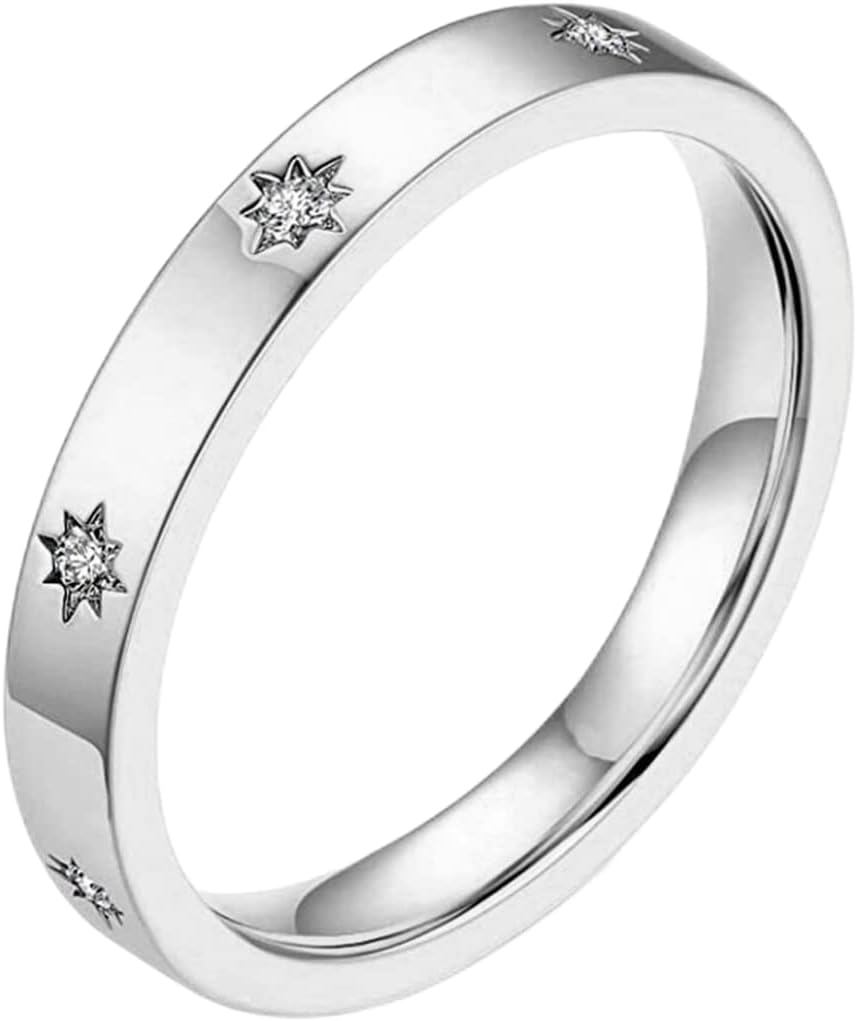 4mm Stainless Steel Classic Plain Star Cubic Zircon Filled Eternity Stackable Wedding Band Ring