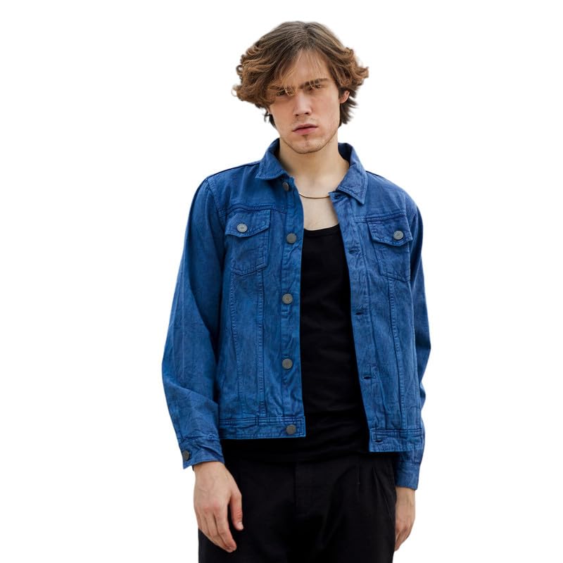Campus Sutra Men’s Indigo Blue Medium-Wash Denim Jacket For Casual Wear | Spread Collar | Long Sleeve | Button Closure | Jacket Crafted With Comfort Fit For Everyday Wear