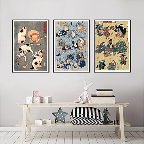 Toile japonaise chat samouraï pour sublimer un mur vide triptyque vintage 50x70cm