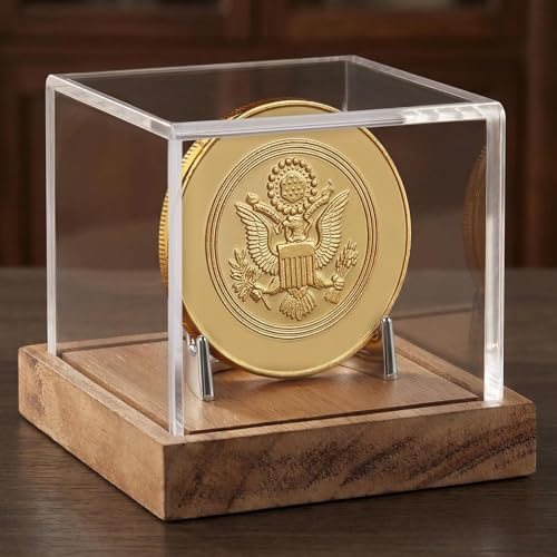 Image of Clear Acrylic Coin Display Case with Wood Base & Alloy Holder, Memorabilia Stand Cube Holder, Dust Protection Transparent Storage Box for Single Challenge Coin Souvenir Coin Collections