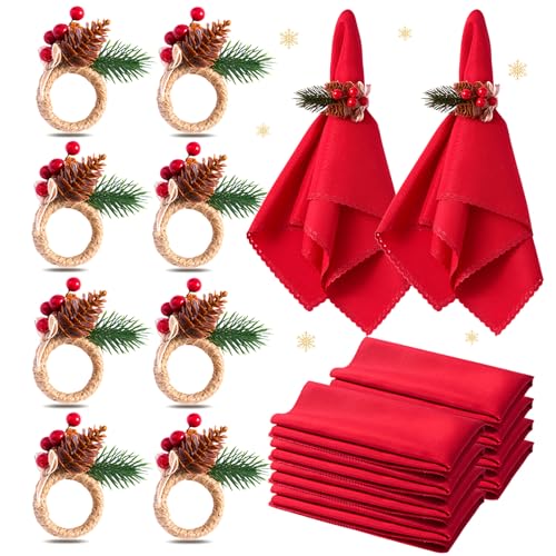 WORTHYEAH Christmas Napkins Cloth Set of 8 and Christmas Napkin Rings Set of 8, 16 PCS Evergreen Snowy Pinecone Xmas Napkins Table Decorations for Holiday Dinner Party Table Decor