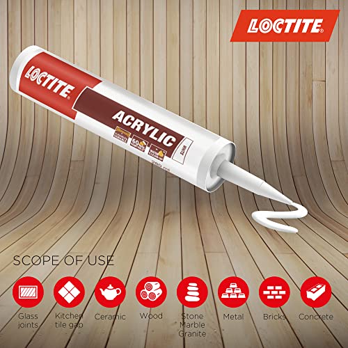 Image of Loctite Acrylic sealant(White), Durable silicone sealant ideal for crack and joint filling in glass,wood,ceramic,stone,marble etc, dries in 30 mins, Effectively locks out air,dust and insects, 280ml