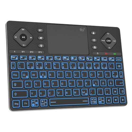 Rii Bluetooth Tastatur mit Touchpad Groß, Multimedia Tastatur mit 12 Farben Beleuchtete für Android TV,Projector,HTPC,Smart TV,Tablet,iPad,PC,Laptop-Deutsch Layout, Schwarz