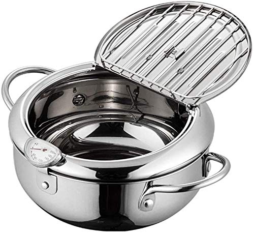 Japanese-style Deep Fryer Pot 304 Stainless Steel Tempura Deep Frying Pan With Thermometer Lid Oil Drip Drainer Rack  Nonstick Tempura Fryer for Chicken French Fries Fish and Shrimp Oil Frying