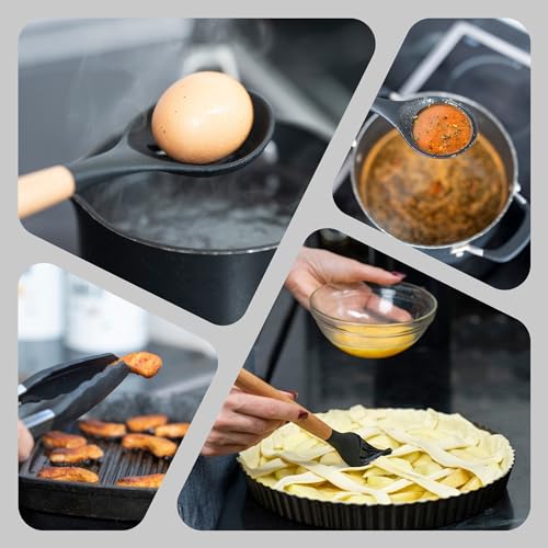 Kitchen Utensils Set – 17 Pcs Silicone Cooking Utensils Set with Wooden Handles Heat Resistant, Non-Toxic Non-Stick Spatula Set with Measuring Spoons Black - Image 5