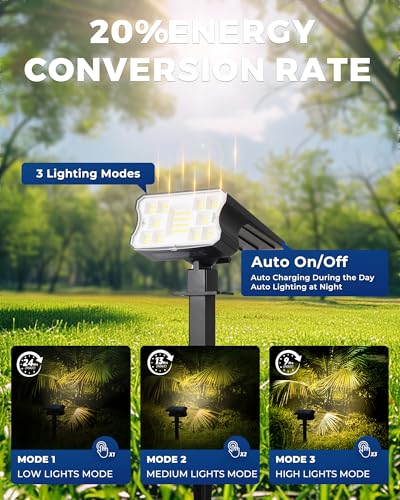 HGGH Solar Lights Outdoor Waterproof IP67, 60 LED 3 Lighting Modes Solar Spot Lights Outdoor for Yard Garden Pathway Landscape, Auto On/Off, Function 2 in 1(Warm White, 4 Pack)