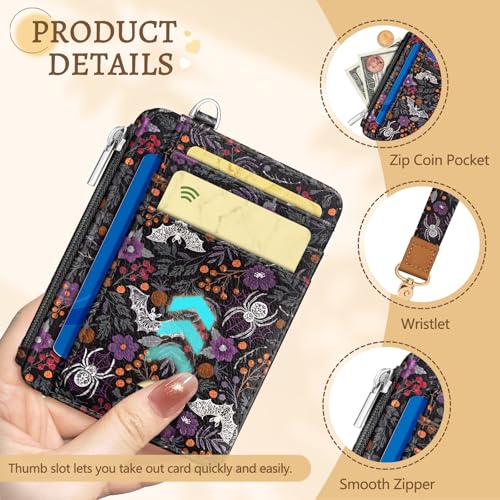 Image of Kelvoris Goth Bat Slim Wallet Women Credit Card Holder, Spider Small RFID | Keychain, Zipper Coin Pocket, Front Pocket Thin Travel Card Case, Minimalist, 6 Card Slots, 1 ID Window, Ladies Gifts Woman