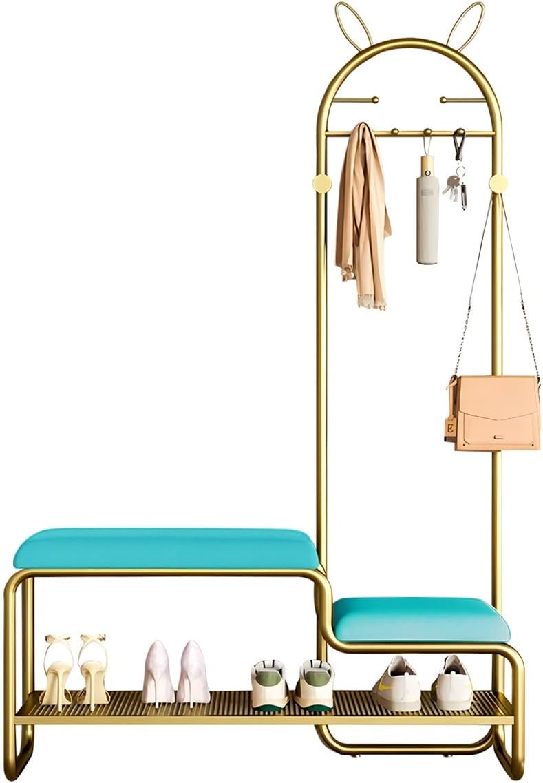 4-in-1 Entryway Hall Tree with Bench, Grey Metal Coat Rack & Shoe Storage, Soft Leather Cushion, 6 Hooks for Living Room, Hallway, Bedroom (90cm)