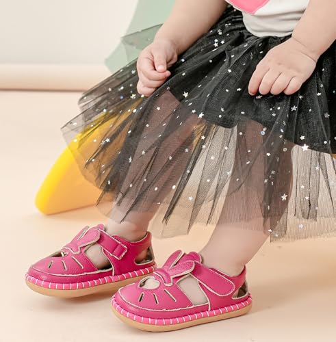 Image of DADAWEN Toddler Girls Leather Closed Toe Summer Sandals Lightweight Non-Slip Soft Sole Cute Flat Shoes Baby Flower Girl Shoes