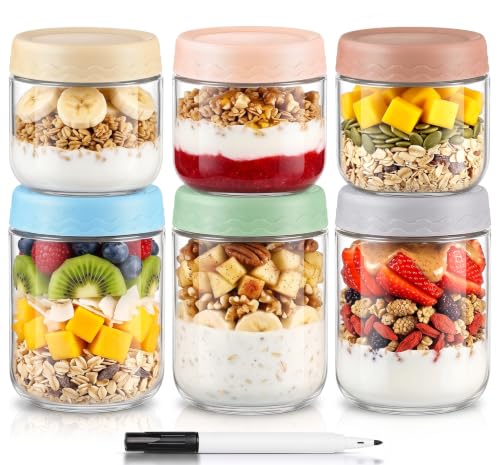 Image of DRKIO 10&16 Oz Glass Overnight Oats Containers with Lids Chia Pudding Jars | 6 Pack Mason Jars, Wide-Mouth, Leak-proof, Stackable, Ideal for Store and Meal Prep Yogurt, Cereals, Snack, Spice, Sugar