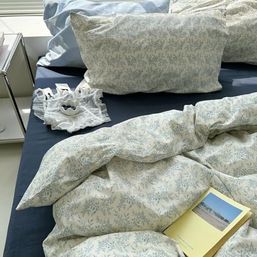 Image of MKXI Full Duvet Cover Set Blue White Floral Print - Vintage Chinoiserie Boho Comforter Cover with Pillowcases, 100% Cotton Coastal Bedding for Bohemian & Transitional Style Bedroom