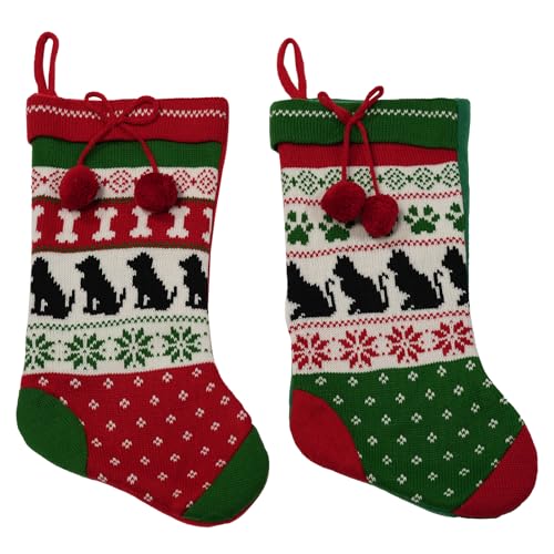 20 Inch Christmas Stockings Set of 2, Knit Dog Cat Pet Stockings Hanging Ornaments Red Green Felt Xmas Stocking Gift Bag for Family Stocking for the Mantle Home Christmas Holiday Party Decoration