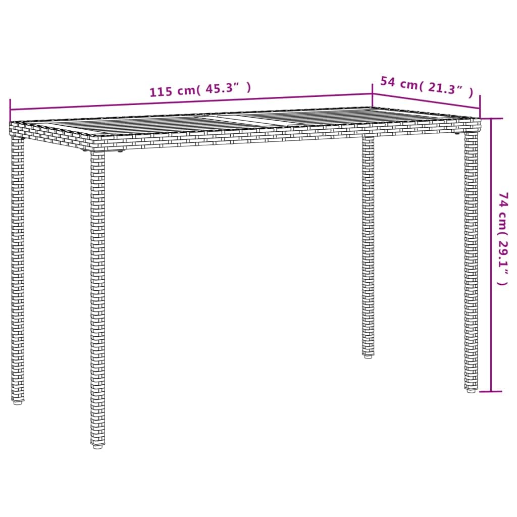Stół ogrodowy z blatem z drewna akacjowego, 115 x 54 x 74 cm, polirattan, stal malowana proszkowo, odporna na działanie promieni UV, na taras, balkon, imprezę w ogrodzie, z półką do