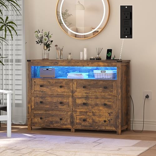 Image of Wodeer Brown Dresser 6 Drawer Dressers for Bedroom with LED Lights, Charging Station, Wood Chest of Drawers with Metal Handles, Modern TV Stand Storage Cabinet for Living Room, Hallway, Entryway