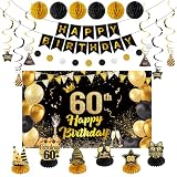 Happy 60th Birthday Party Decoration: Including Birthday Banner Backdrop, Party Table Centerpieces and Hanging Swirl Party Streamers, Birthday Decor for Men and Women (Gold/Black, 60th Birthday)