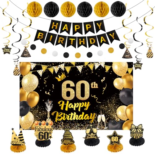 Happy 60th Birthday Party Decoration: Including Birthday Banner Backdrop, Party Table Centerpieces and Hanging Swirl Party Streamers, Birthday Decor for Men and Women (Gold/Black, 60th Birthday)
