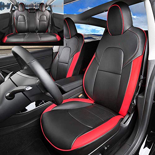 Housse De SièGe Auto En Cuir PU Compatible Avec Tesla Model 3 2017 2018 2019,L'Avant Et à L'ArrièRe Protecteurs De SièGe,Confortable, Respirant, Sans Odeur, Noir / Beige / Rouge,Black+red-2018 Cover