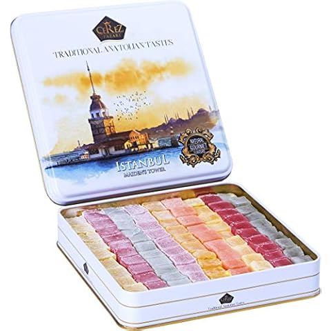 Cerez Pazari Turkish Delight Candy Gift Basket 1.6 lbs, Lokum Dessert Gourmet Christmas Holiday Corporate Food Gifts in Elegant Tin Box, Thanksgiving, Halloween, Birthday with 6 Unique Flavors Cover