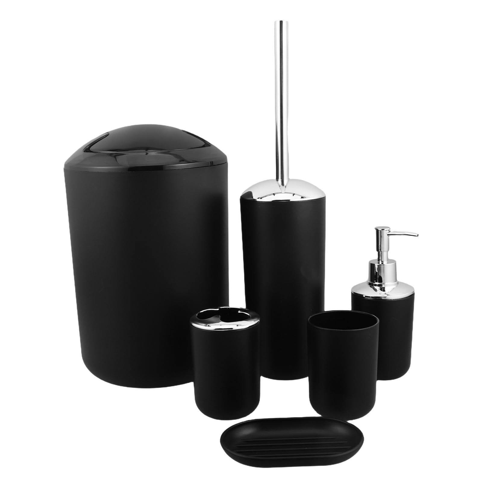 TOYANDONA Conjunto de Baño 6 Piezas en Plástico Negro con Dispensador de Jabón, Porta Cepillos, Escobilla y Bote de Basura para Uso en Casa y Bodas