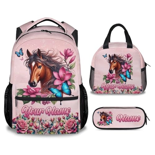 Mercuryelf Personalized Girls Backpack Horse 3PCS Kids Backpack Set with Lunch Bag & Pencil Case 17 Inch School Bookbag for Elementary Kindergarten